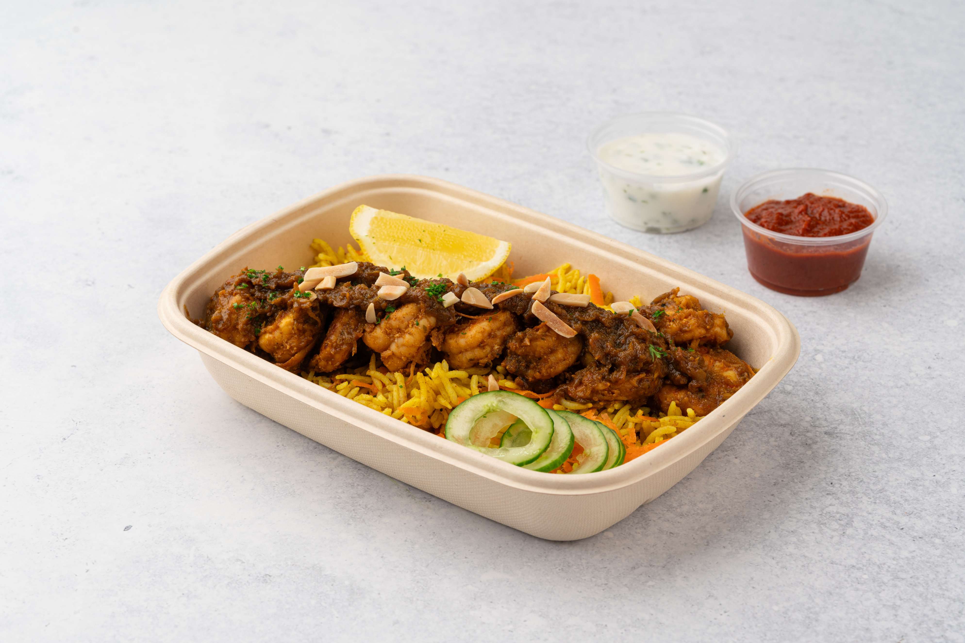 Shrimp Kabsa With Yogurt Sauce